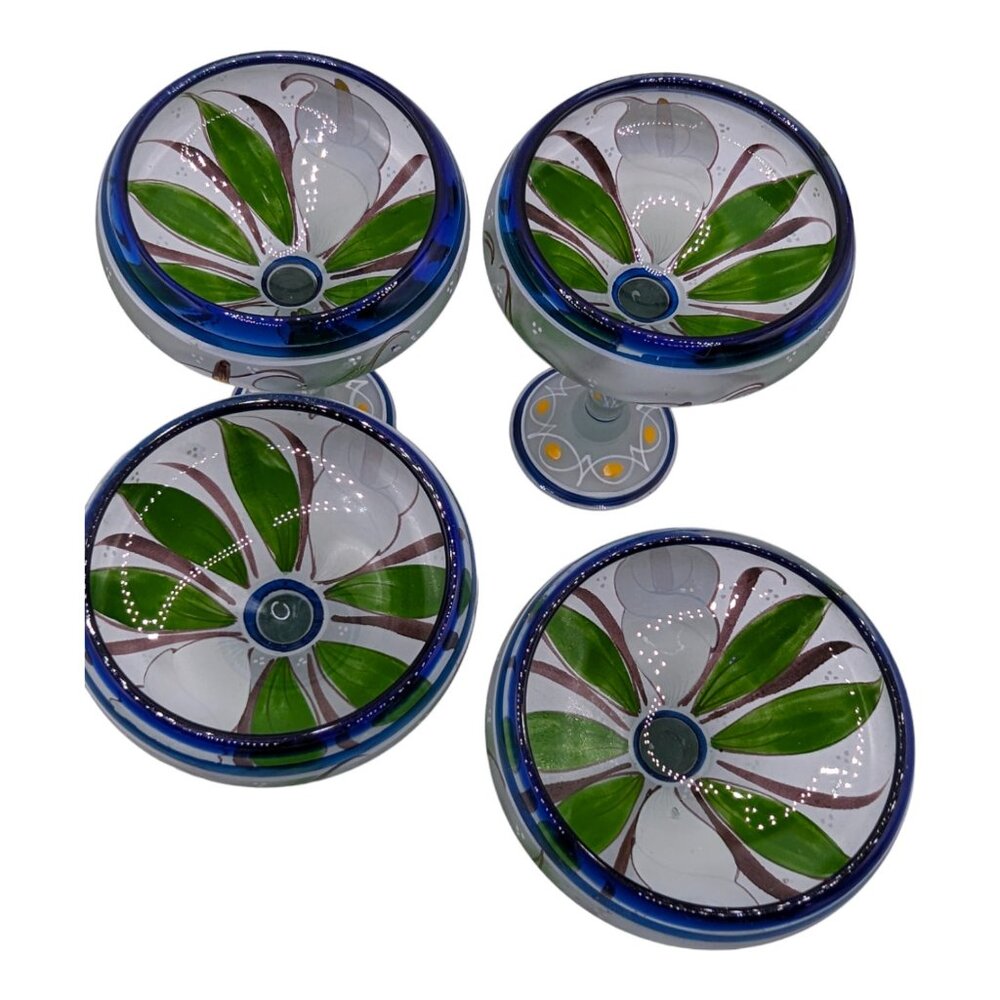 Set of 4 Hand Painted Mexican Blue Rim Margarita Glass White Calla Lilies Lily - Picture 14 of 16